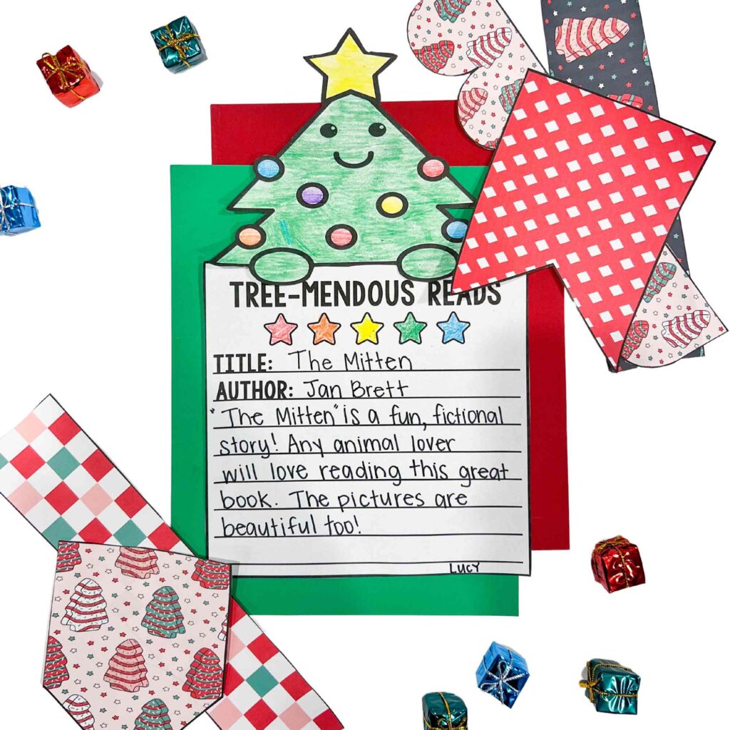 Tree-mendous Reads - Christmas book review classroom bulletin board idea for elementary